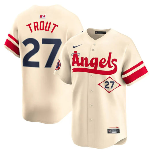 Jersey MLB Los Angeles Angels Cream City Connect Torcedor Masculina Bege Mike Trout 27