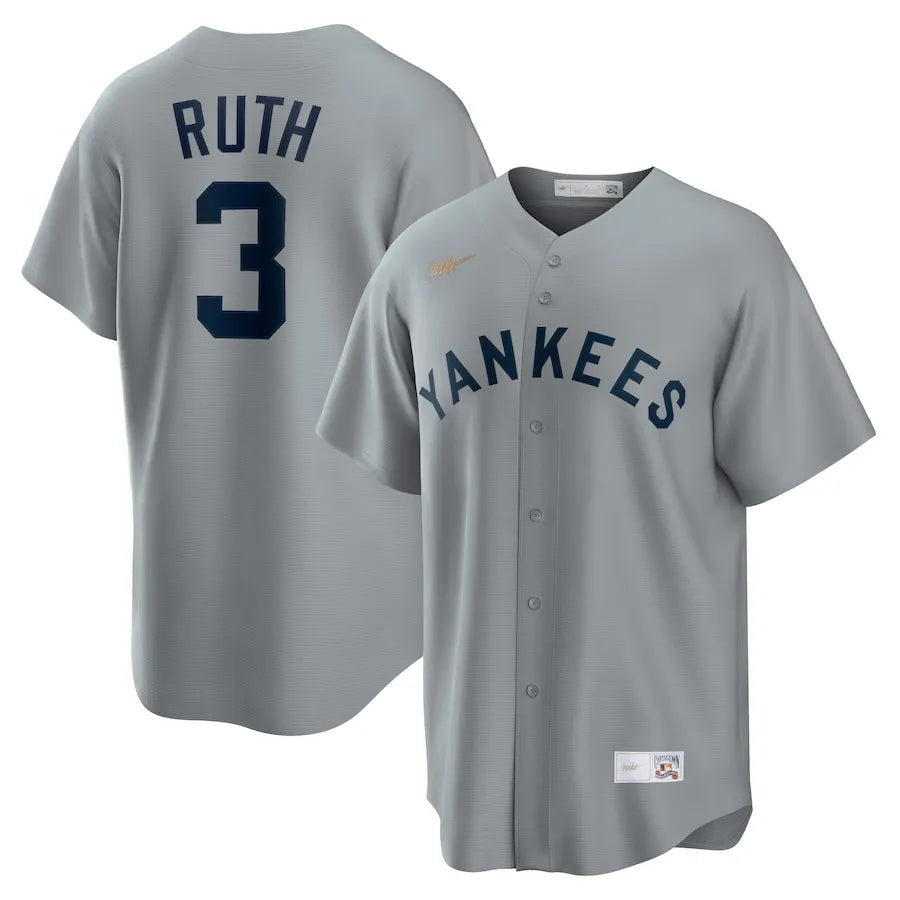 Jersey MLB New York Yankees Away Cooperstown Collection Torcedor Masculina Cinza Babe Ruth 3